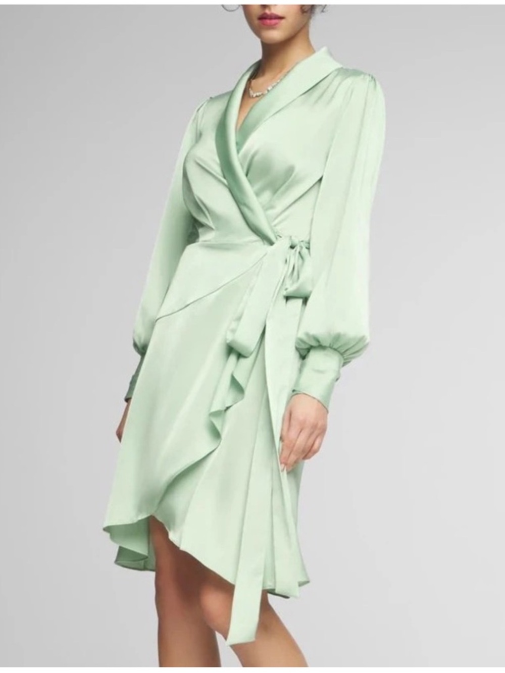 WHBM MINT LONG SLEEVE SATIN WRAP DRESS